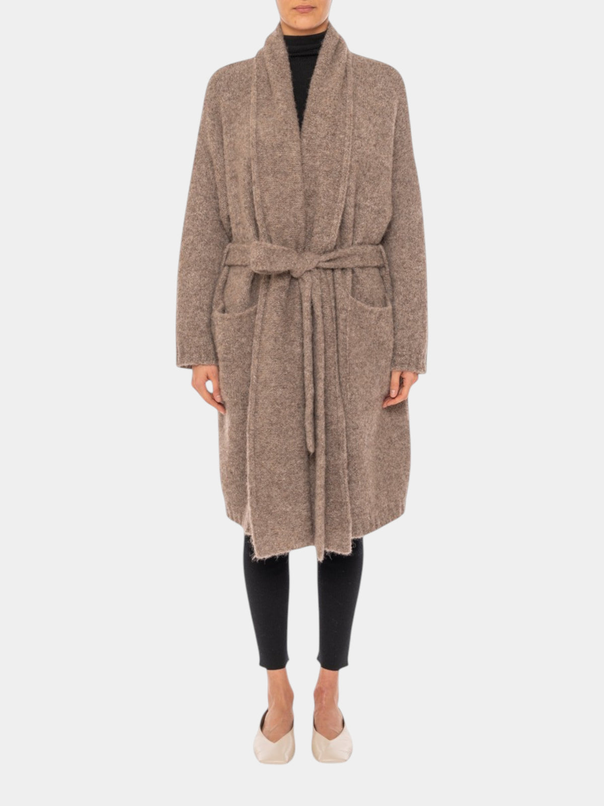Gentry Portofino Cardigan con cintura in alpaca e cashmere tortora